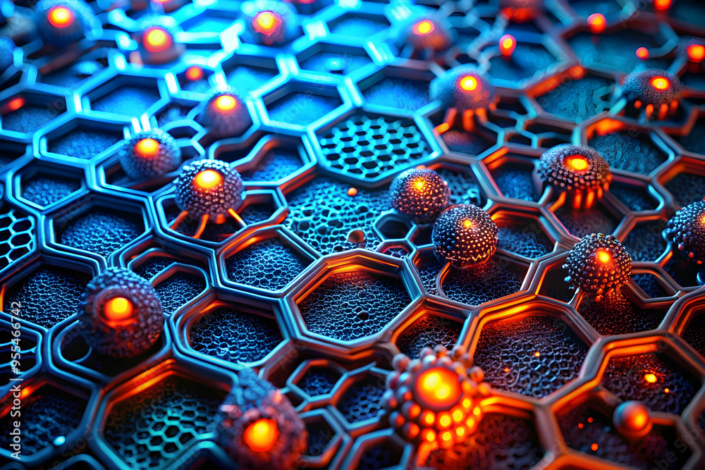 Poster quantum network flow: a mesmerizing 3d render of interconnected nodes pulsing with energy, symbolizi