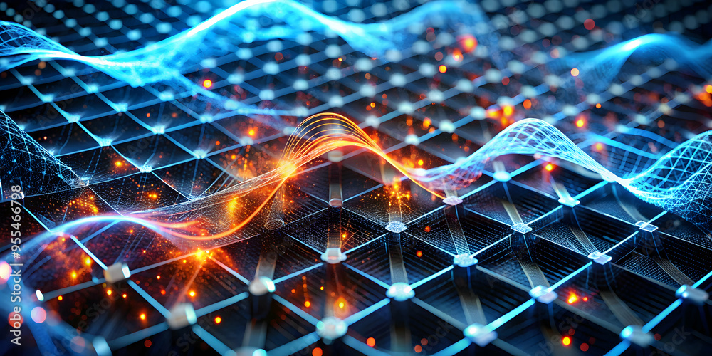 Poster abstract grid network: a mesmerizing abstract grid network with glowing blue and orange lines formin