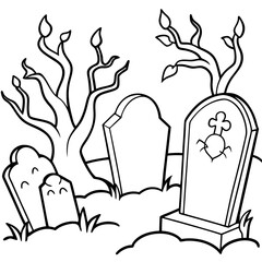 Spooky Graveyard Scene with Crooked Tombstones and Twisted Trees – Vector Coloring Book Design