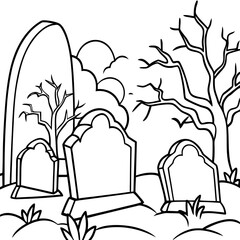 Spooky Graveyard Scene with Crooked Tombstones and Twisted Trees – Vector Coloring Book Design