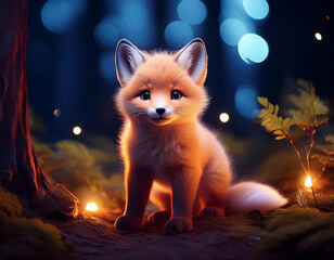 Obraz premium Cute fox puppy alone in the forest at night with full moon 