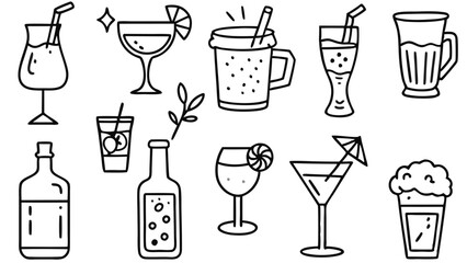 Set of Alcohol drink vector illustrations of beer mugs, beer, cocktails, soda, and juice, for party