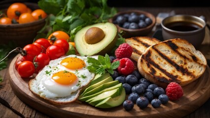A rustic paleo breakfast with eggs, avocado slices, grilled vegetables and berry mixture is served on a wooden platter.
