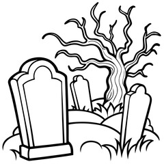 Spooky Graveyard Scene with Crooked Tombstones and Twisted Trees – Vector Coloring Book Design