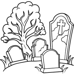Spooky Graveyard Scene with Crooked Tombstones and Twisted Trees – Vector Coloring Book Design