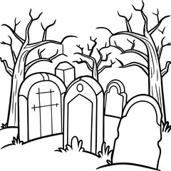 Spooky Graveyard Scene with Crooked Tombstones and Twisted Trees – Vector Coloring Book Design