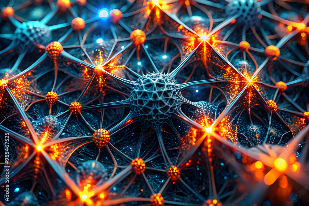 Poster neural network glow: a vibrant, intricate 3d render of a neural network ablaze with energy, symboliz