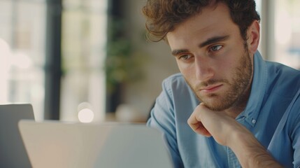 Fototapeta premium Young focused mixed-race entrepreneur working solo on a laptop at a desk while a Hispanic supervisor checks and sends emails on his laptop