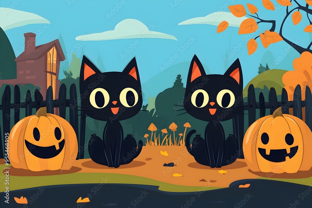 Wall mural playful black cats frolic among cheerful pumpkins, creating a whimsical autumn scene filled with joy