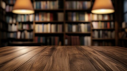 Wooden Table in Library Background