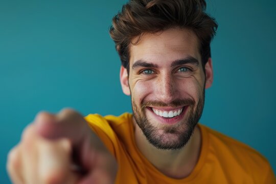 Studio portrait of a smiling man pointing toward the camera against a blue backdrop, promoting recruitment, support, and motivation
