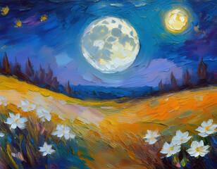 impressionist style painting of autumn winter forest with full moon and white flowers