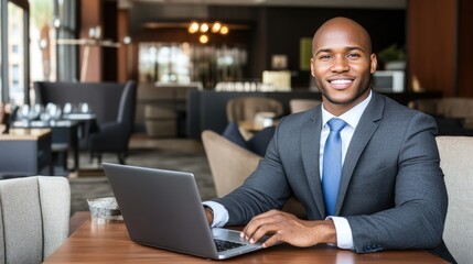 A young businessman sits at a sleek office desk, working on a laptop and smiling joyfully at the camera. He is focused on digital marketing and design concepts in a contemporary environment
