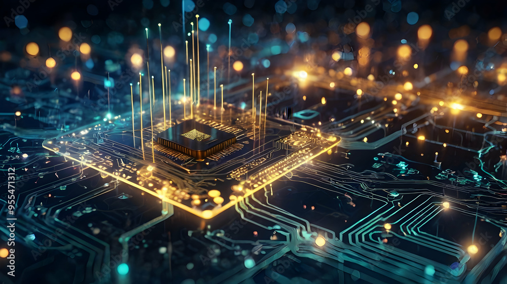 Poster digital brain: glowing cpu on circuit board with data streams