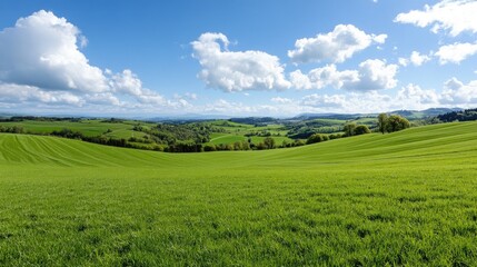 Naklejka premium Rolling countryside landscape panorama with green pastures and distant hills