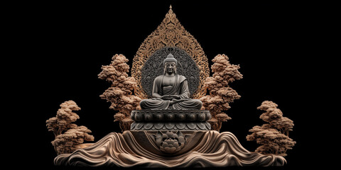 Fototapeta premium A striking, black Buddha statue sits serenely in a meditative pose on a vibrant red lotus pedestal. Generative AI.