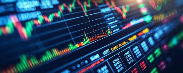 Naklejka premium A Close-Up View of a Stock Market Data Display with Fluctuating Prices and Charts, Stock Market, Financial Data, Investment, ,