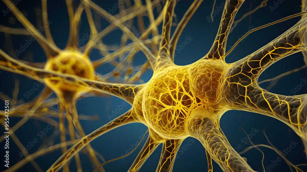 Poster the golden labyrinth: a 3d render of a neuron, highlighting its intricate structure and the complex 