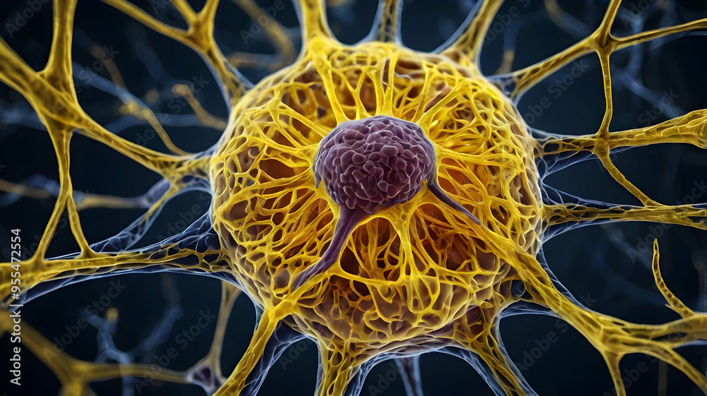 Poster the golden labyrinth: a 3d render of a neuron, highlighting its intricate structure and the complex 
