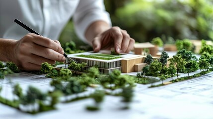 Fototapeta premium Architect's Hand Adjusting Miniature Green Building Model, Architectural Design, Model Making, Sustainable Architecture, Green Space