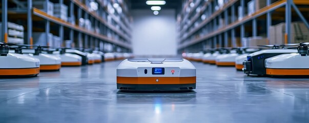 Autonomous Warehouse Robot Navigating Through Shelves, Industrial Automation, Warehouse Logistics, Robotics, Autonomous Vehicles