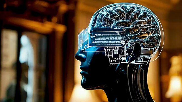 a human head  with  a circuit board  and  a computer chip  on it
