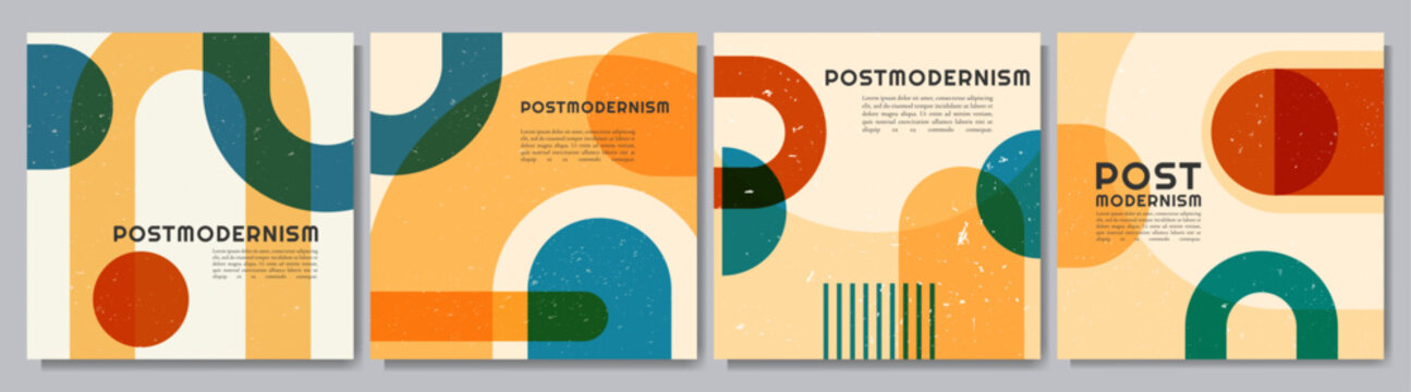 Vector illustration. Geometric shapes in boho vintage style. Dynamic abstract flat mid-century design template of square web banner, blog post, advertising template. Retro colored background