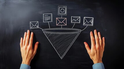 Naklejka premium Chalkboard Funnel Concept with Hands, Marketing , Sales , Funnel