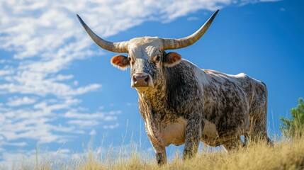 Longhorn cattle grazing under a blue sky on a sunny day