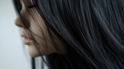 A close-up of a woman's face with slightly covered hair, focusing on long black hair gently falling over the face