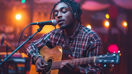 Obraz premium Closeup of a man playing acoustic guitar on stage eyes closed bathed in warm stage lights