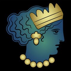 Head of a beautiful Ancient Greek woman or goddess. Venus or Aphrodite. Helen of Troy. Portrait of antique lady wearing diadem and necklace. Gold and blue on black background.