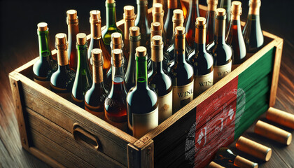 A wooden crate filled with assorted wine bottles, adorned with the Afghanistan flag, symbolizing the rich tradition and diversity of wine industry.