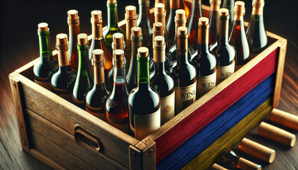 A wooden crate filled with assorted wine bottles, adorned with the Armenia flag, symbolizing the rich tradition and diversity of wine industry.