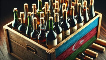 A wooden crate filled with assorted wine bottles, adorned with the Azerbaijan flag, symbolizing the rich tradition and diversity of wine industry.