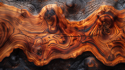 Close-up of intricate wood grain patterns in warm orange and dark tones. Concept of natural textures and abstract art.