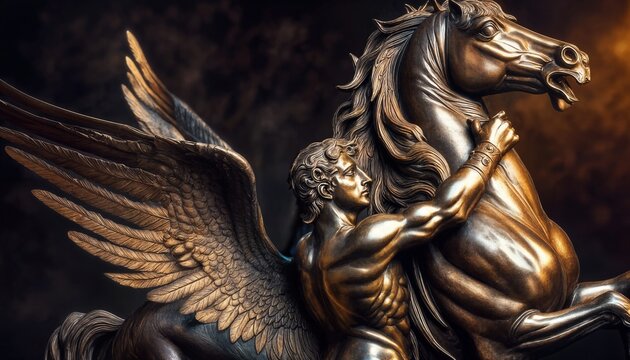 stylized fantastic old bronze statue of perseus and pegasus. legendary winged horse of Greek mythology.