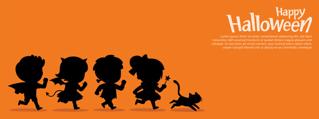 Silhouette of Children dressed in Halloween costumes to go Trick or Treating with a cat. Halloween costume kids in spooky holiday. Template for advertising brochure.