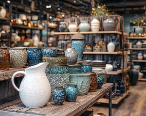 Rustic Tabletop Still Life A Closeup of Earthy Vases in a Pottery Shop Blurry Shelves in Background