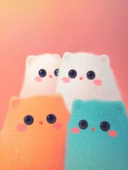 Fototapeta premium A bright-colored cartoon cat wallpaper featuring an arrangement of several cute cats in an isolated color background illustration.
