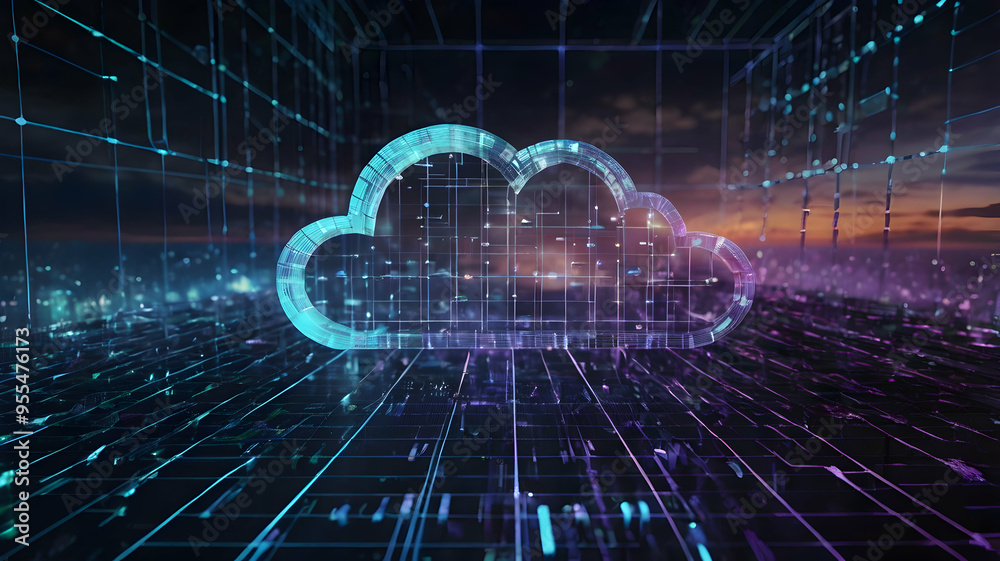Poster cloud computing: a futuristic, abstract image of a cloud filled with complex circuits and glowing wi