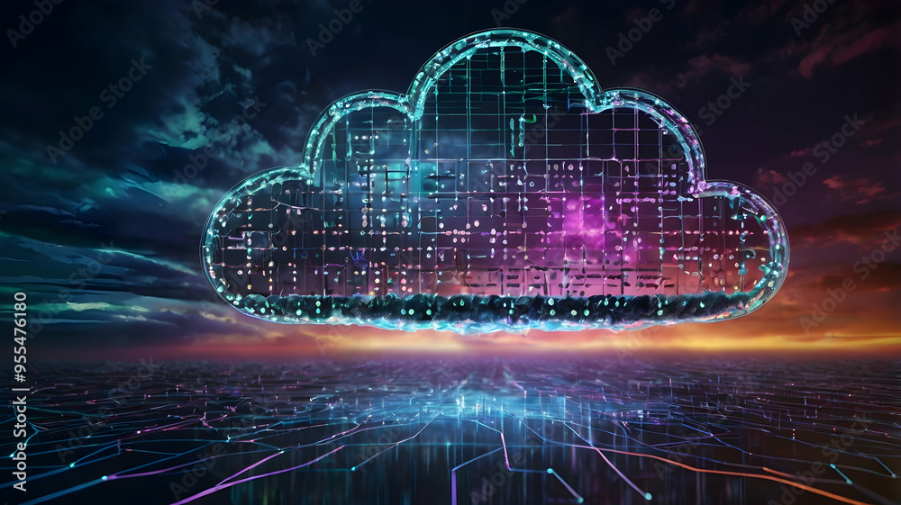 Poster cloud computing: a futuristic, abstract image of a cloud filled with complex circuits and glowing wi