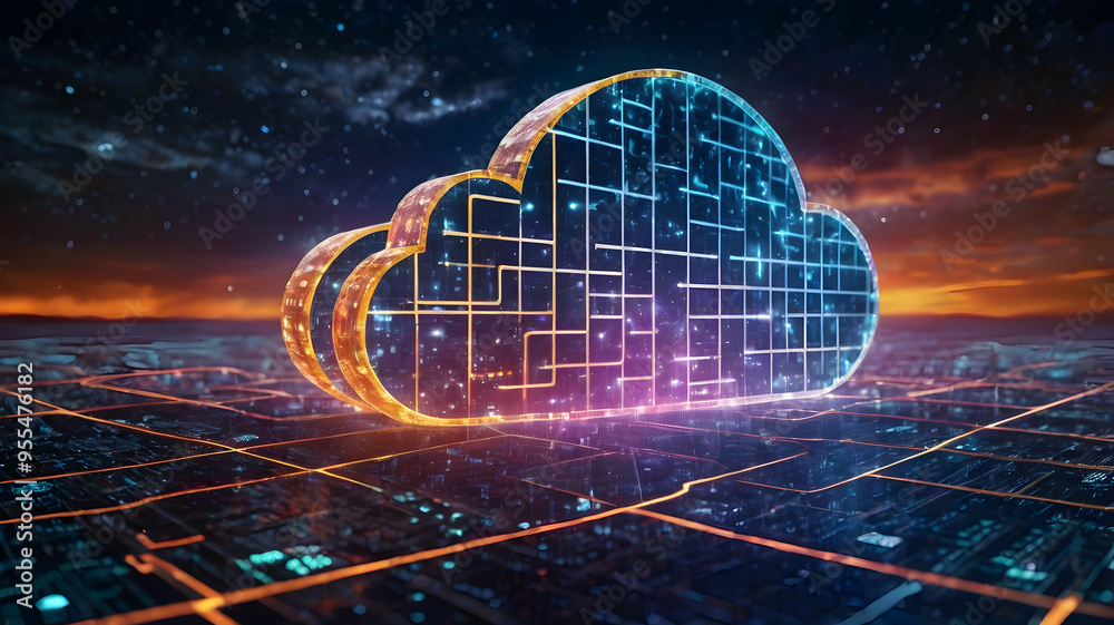 Poster cloud computing: a futuristic, abstract image of a cloud filled with complex circuits and glowing wi