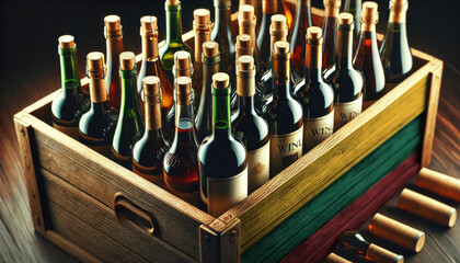 A wooden crate filled with assorted wine bottles, adorned with the Lithuania flag, symbolizing the rich tradition and diversity of wine industry.