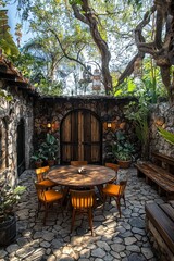 Obraz premium Stone Patio with Hanging Birdcages and Rustic Wooden Table and Chairs