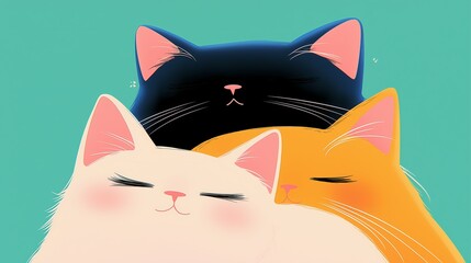 Obraz premium A bright-colored cartoon cat wallpaper featuring an arrangement of several cute cats in an isolated color background illustration.