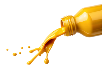 Mustard sauce splashing out from glass bottle