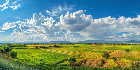 Panoramic wide-angle shots of farmland and rural villages.