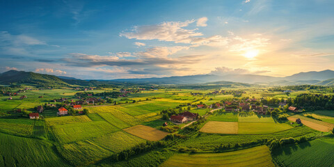 Naklejka premium Panoramic wide-angle shots of farmland and rural villages.