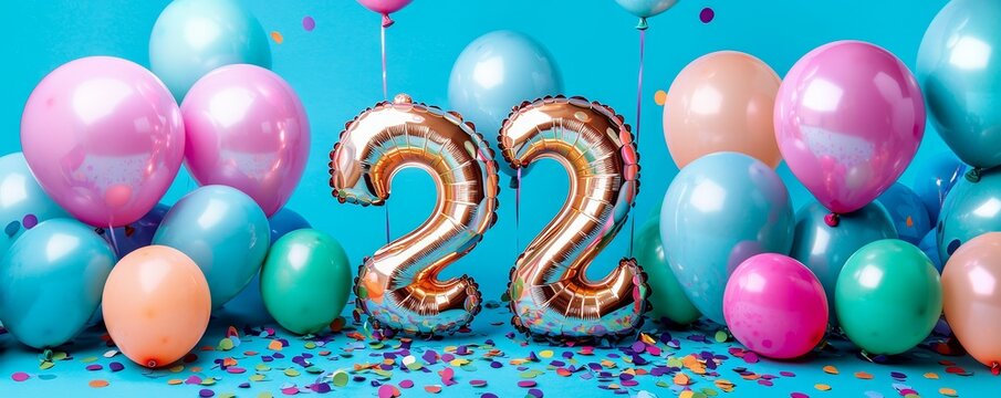 Happy 22nd Birthday Celebration with Balloons and Confetti, birthday , balloons , celebration